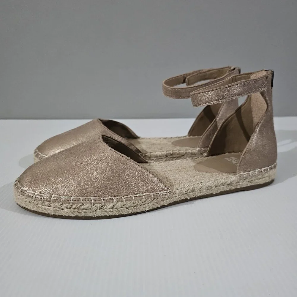 Eileen Fisher Lala Flat Espadrille Sandal Womens 9.5 Metallic Tan Leather NEW